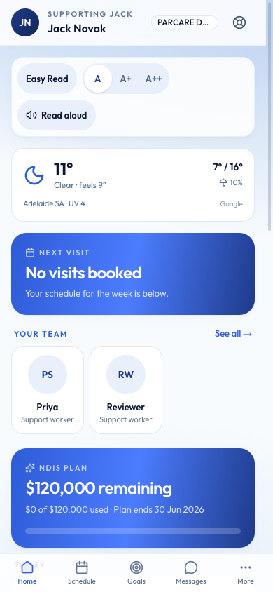 Parkways Connect home. Family and Participant app. Demo names only (Jack Novak).