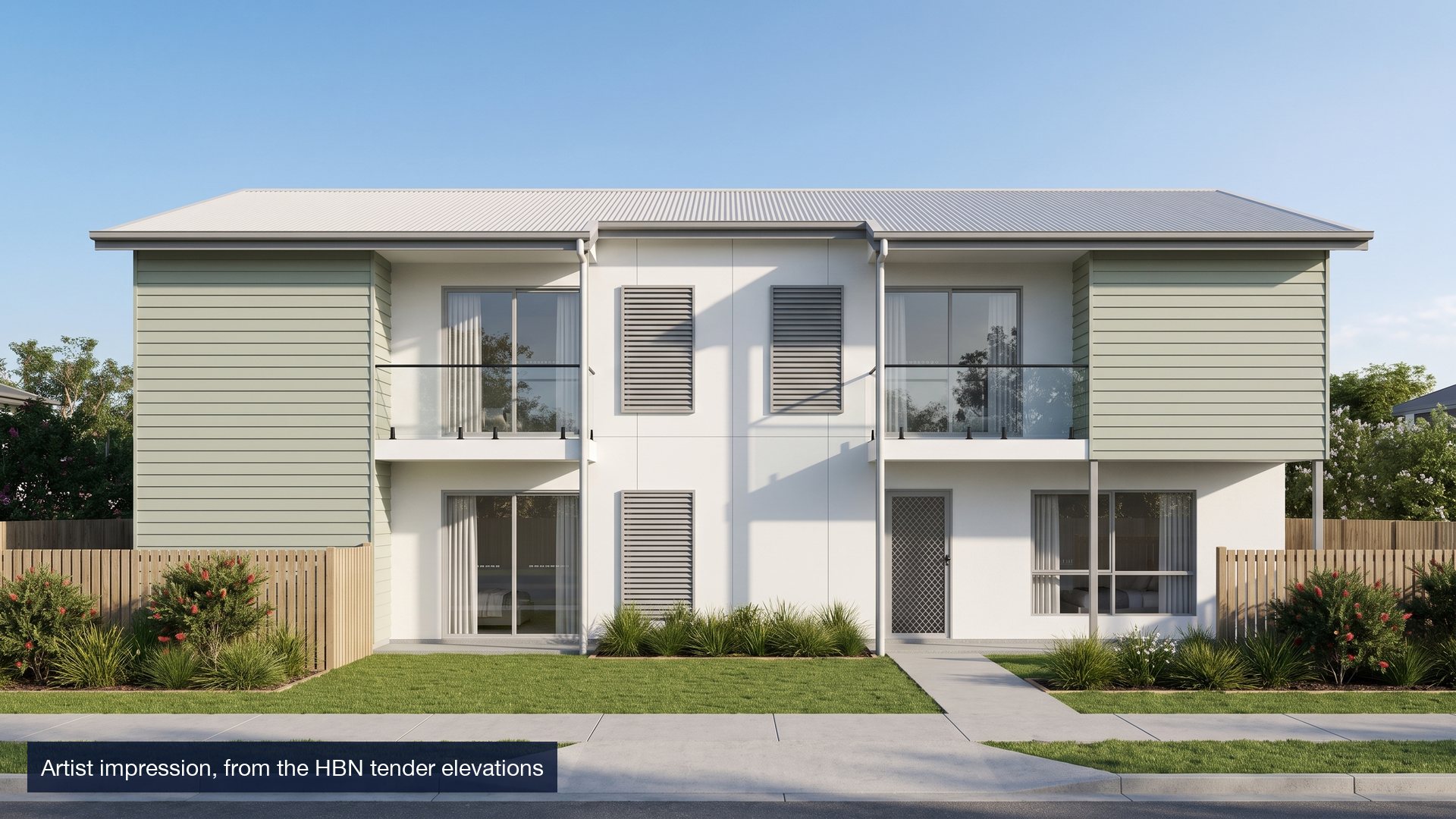 Artist impression of the Nandala Drive rooming houses from the street, based on the HBN tender elevations